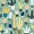 Seamless pattern with cartoon cacti, decor elements on a neutral background. plants. Colorful vector, flat style. Hand drawing, fl Royalty Free Stock Photo